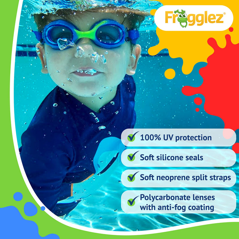Frogglez Anti-Fog Swimming Goggles for Kids under 10 (Ages 3-10) Recommended by Swim Instructors; Premium Pain-Free Strap Blue - BeesActive Australia