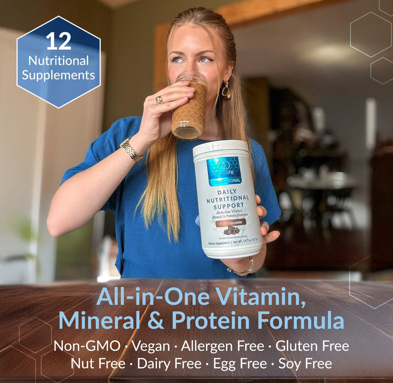Equilife Daily Nutritional Support, All-in-One Multivitamin Meal Replacement, Pure Chocolate Flavor, 15G Plant Protein, Supports Overall Wellness Including Energy, Digestion, & Skin, 14 Servings Tub Pure Chocolate - Bottle 14.7 Ounce (Pack of 1)