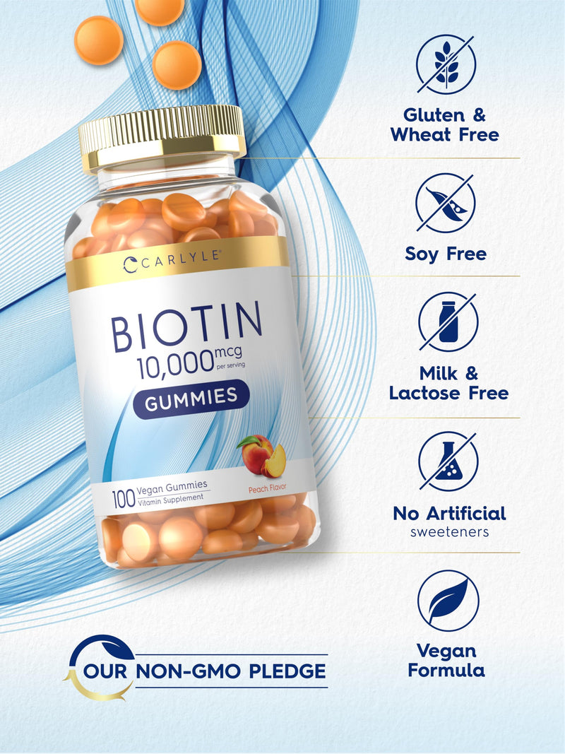 Carlyle Biotin 10000mcg Gummies | 100 Count | Peach Flavor Supplement | Vegan, Non-GMO, Gluten Free 100 Count (Pack of 1)