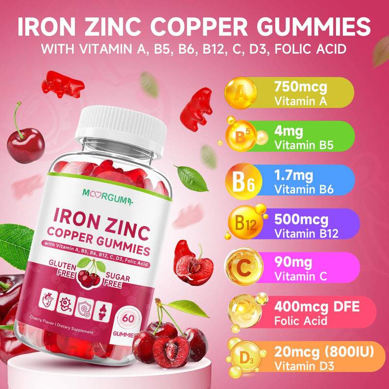 Iron, Zinc, Copper Supplements for Women & Men, Mineral Gummies with Vitamin A, B5, B6, C, D3, B12 for Adults, Kids, Promote Energy, Support Immunity, Bone Health, Sugar Free, Cherry Flavor, 120 Count 60 Count (Pack of 2)