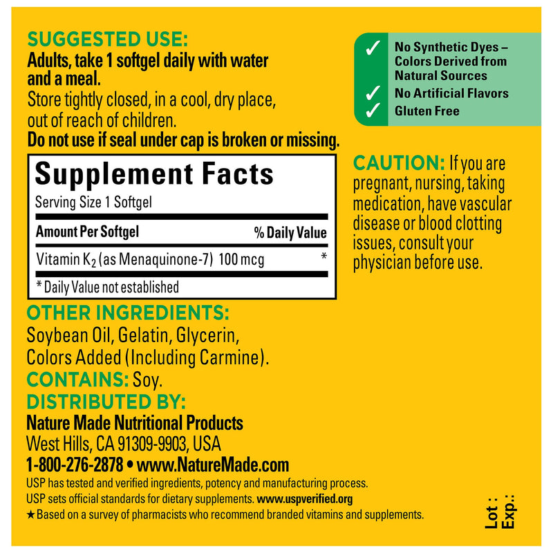 Nature Made Vitamin K2 100 mcg, Healthy Bone Supplements, 30 Softgels, 30 Day Supply 30 Count (Pack of 1) - BeesActive Australia