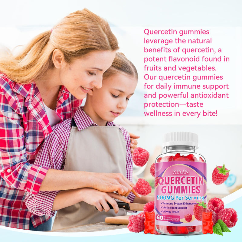 Quercetin Gummies 500mg for Kids & Adults, Organic Quercetin Supplements with Bromelain Zinc Vitamin C and D3 Support Antioxidant & Immune System Health, Raspberry Flavor 120 Count 60 Count (Pack of 2)