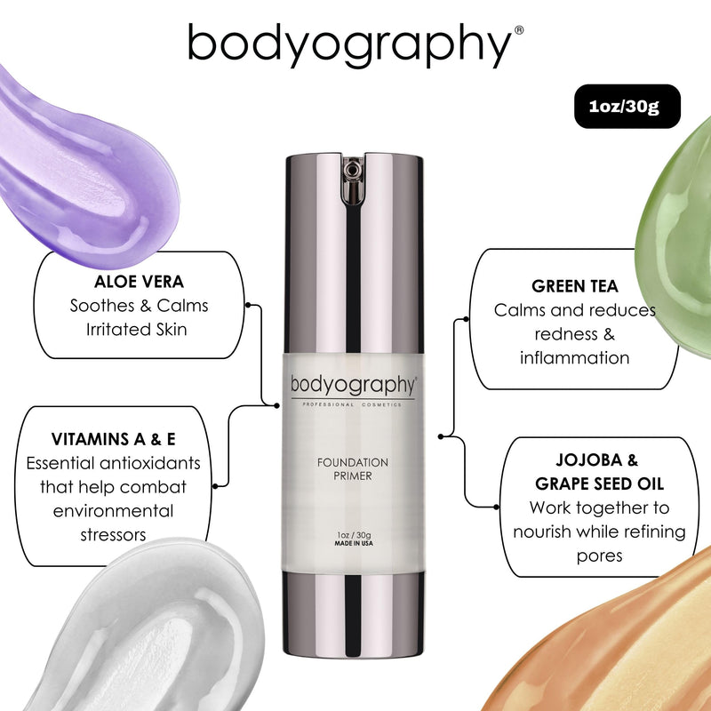 BODYOGRAPHY Foundation Primer (Green) | Flawless Anti-Aging Makeup Base with Vitamin E, A, Jojoba & Grapeseed Oil | Shine Control, Smooth Finish | Salon-Quality, Gluten-Free, Cruelty-Free | 1 oz Green