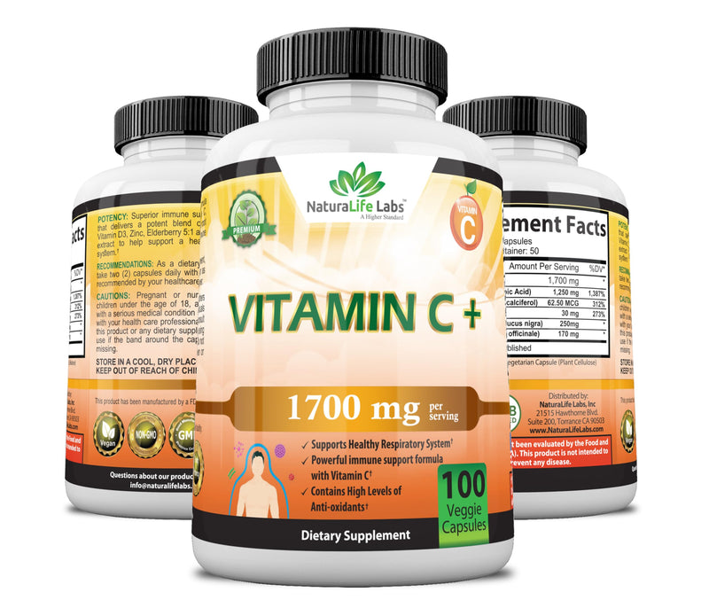Vitamin C 1,700 MG with Vitamin D3, Zinc, Elderberry, Ginger root - Maximum Strength Multi System Immune Support- 100 veggie Capsules - BeesActive Australia