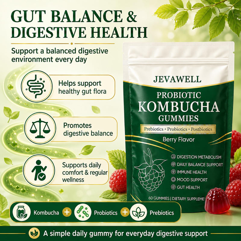 Jevawell Kombucha Gummies, Probiotic Digestive Health Supplement with, Organic Prebiotics for Gut Health, Immune Boost, and Natural Energy – Vegan, Non-GMO, Gluten-Free, 120 Gummies 1 Ounce (Pack of 2)