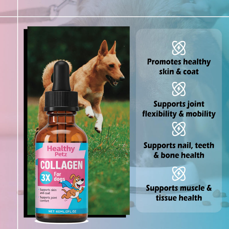 Healthy Petz Premium Liquid Collagen Drops for Dogs - Three Collagen, Hyaluronic Acid & Vitamins - Joint Support, Skin & Shiny Coat - Everyday Vitality Supplement, High Absorption, 2 Fl Oz