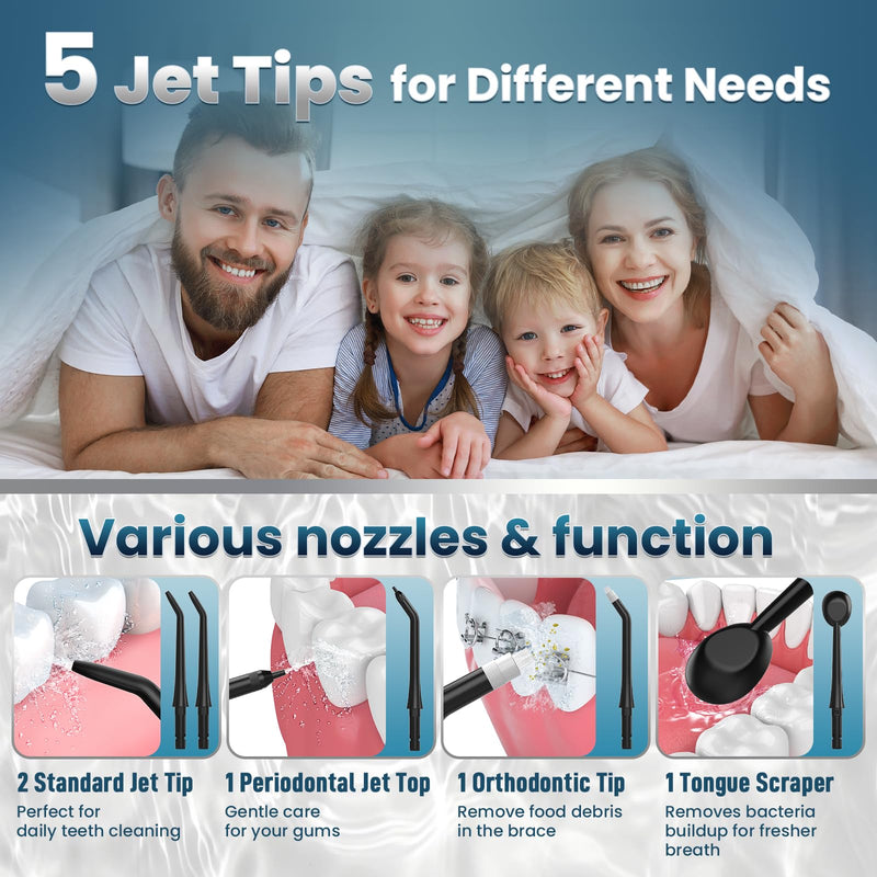 Water Flosser Teeth Cleaner, 4 Modes Cordless Portable Oral Irrigator, 300ML Larger Tank Rechargeable Water Dental Pick with DIY Strength, IPX7 Waterproof Flossing Cleaning Picks for Home Travel Black
