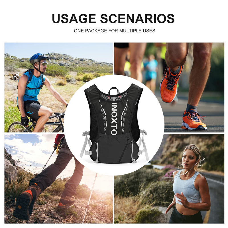 INOXTO Hydration Vest Backpack,Lightweight Water Running Vest Pack with 1.5L Water Bladder Bag Daypack for Hiking Trail Running Cycling Race Marathon for Women Men Black white