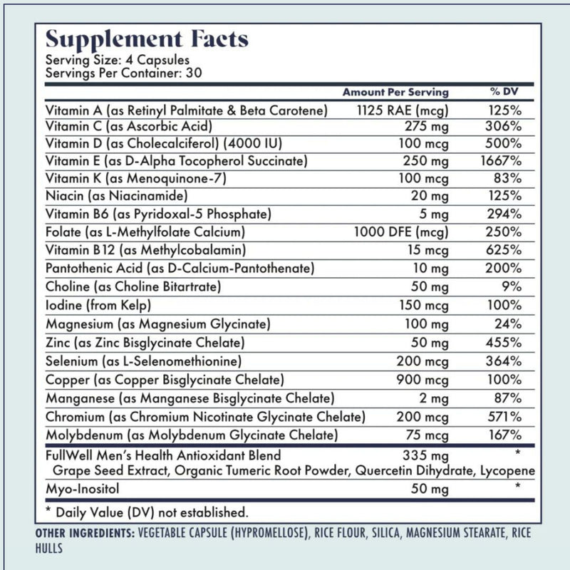 FullWell Men's Multivitamin, 120 Count (30 Servings) | Daily Multivitamin for General and Reproductive Health, Supports Sperm Health, Hormone Balance, and Fertility*