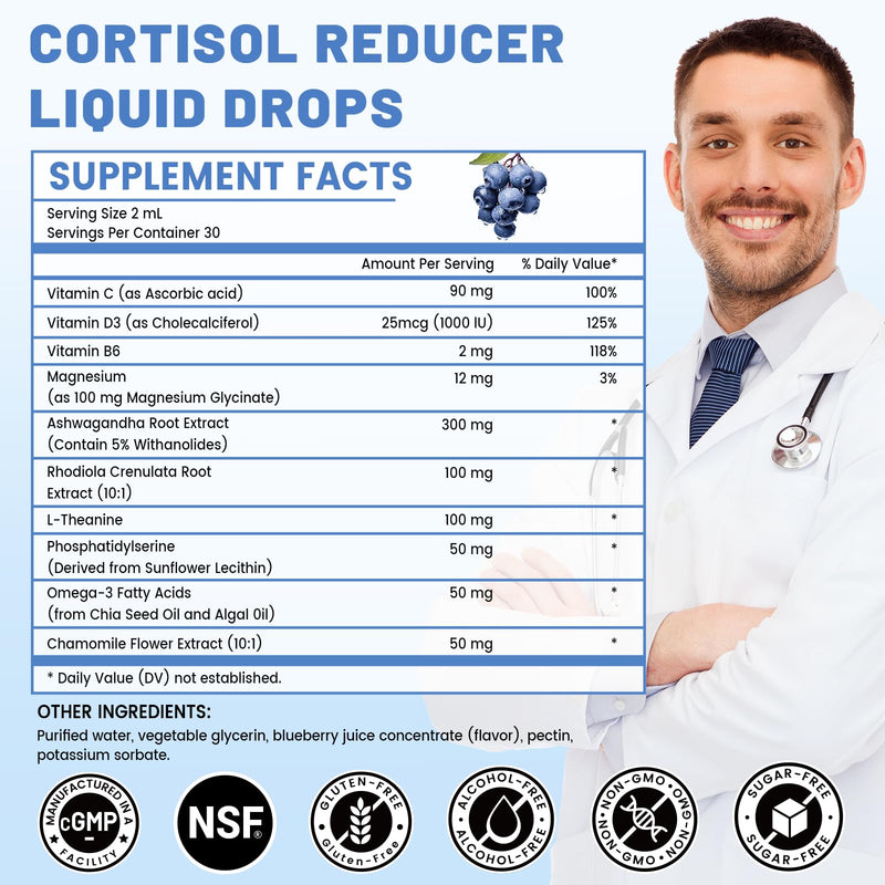 vivcmin 10 in 1 Cortisol Supplements for Women, Mood Support, 2 Fl Oz | Drops, Cortisol Reducer with Ashwagandha, Magnesium, L-Theanine, for Men, Non-GMO, Gluten Free, Blueberry Flavor 2 Fl Oz (Pack of 1)