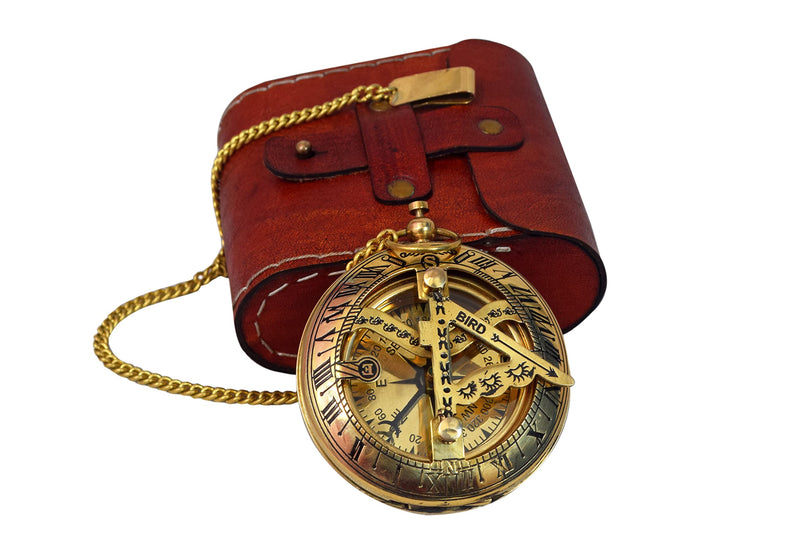 Handcrafted Vintage Brass Sundial Compass – Antique Nautical Sun Clock with Leather Case – Engraved Collectible Brass Compass Gift for Men - Nautical Gifts for Men, Best Anniversary Vintage Gifts