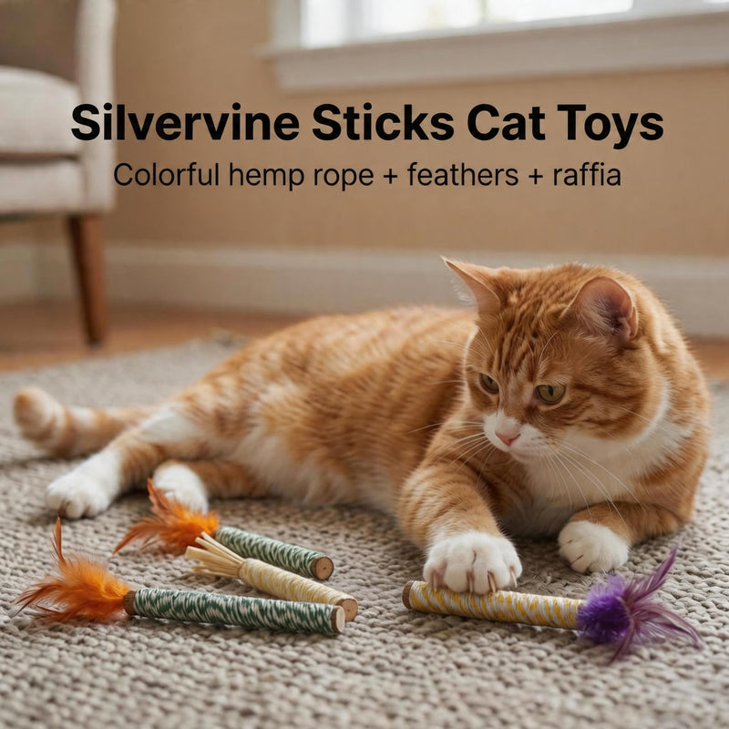Cat Silvervine Toys - Natural Matatabi Cat Chews with Feathers & Raffia, Organic Catnip Sticks for Dental Care, Stress Relief (4 Packs)