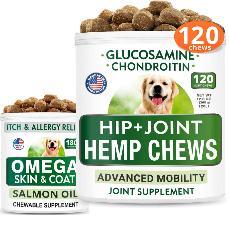 Hemp Treats + Glucosamine + Omega 3 for Dogs Bundle - Joint Pain + Allergy and Itch Relief - Hip & Joint Supplement w/MSM + Chondroitin + Hemp Oil + Omega 3 + EPA & DHA Fatty Acids - 120 + 180 Chews