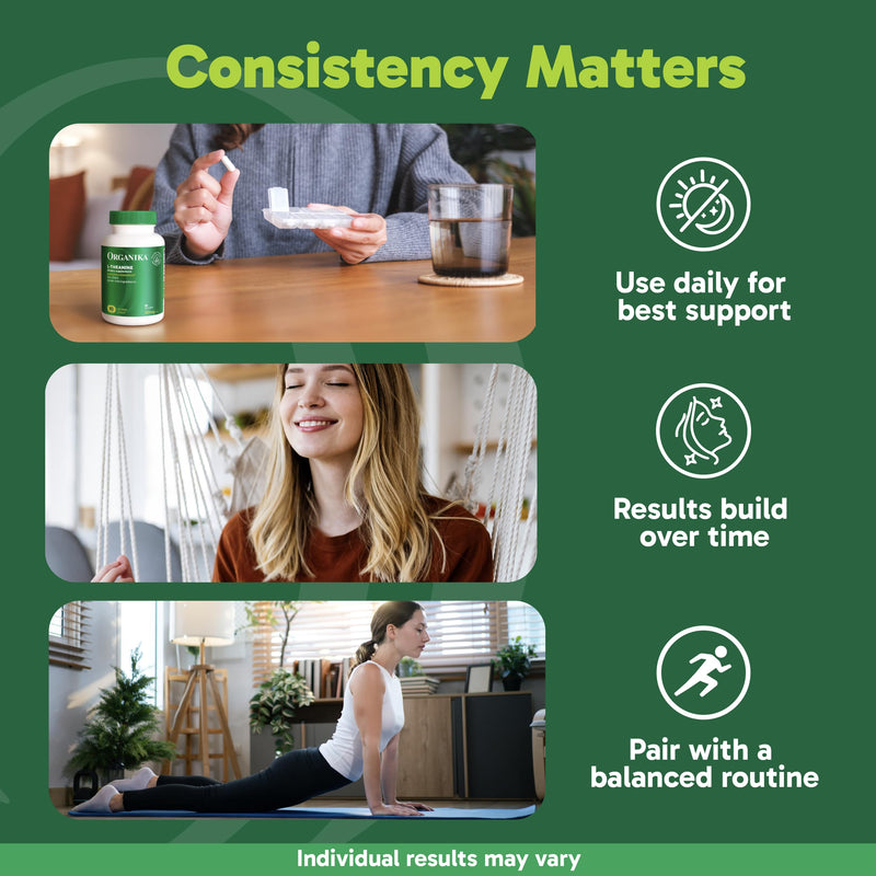 Organika L-Theanine Supplement 8 oz - 90 Capsules: 90 Day Supply of Clean Bioavailable L Theanine for Relaxation, Balance, and Calm - Easy-to-Swallow Single Capsule Servings Unflavored