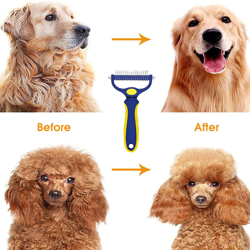 Planet Pet Grooming Brush - Double Sided Shedding, Dematting Undercoat Rake for Dogs, Cats - Extra Wide Dog Grooming Brush, Dog Brush for Shedding, Cat Brush, Reduce Shedding by 95%, Blue&Yellow