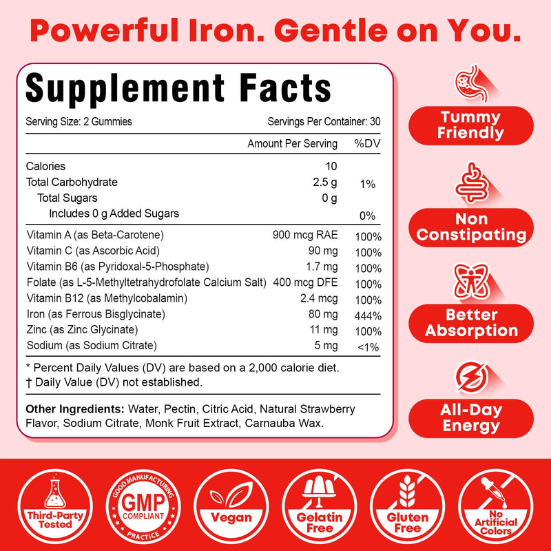 Sugar Free Iron Gummies for Women & Men, Iron Supplement, Vegan | for Anemia & Iron Deficiency, with Vitamin B12, Vitamin C, Zinc, Folate - Energy Boost, Strawberry Flavor, 60 Count 60 Count (Pack of 1)
