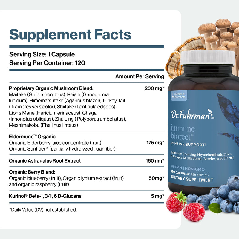 Dr. Fuhrman All Natural Immune Support Supplement | Whole-Food Derived Vitamin for Immunity Defense | Organic Mushrooms, & Berries | Organic Lion’s Mane, Maitake, Reishi, and Elderberry | 120 Caps