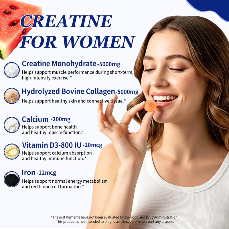 Creatine for Women, Creatine Monohydrate Gummies with Collagen, Calcium, Vitamin D3 for Booty, Energy & Strength, Watermelon Flavor, 100 Count