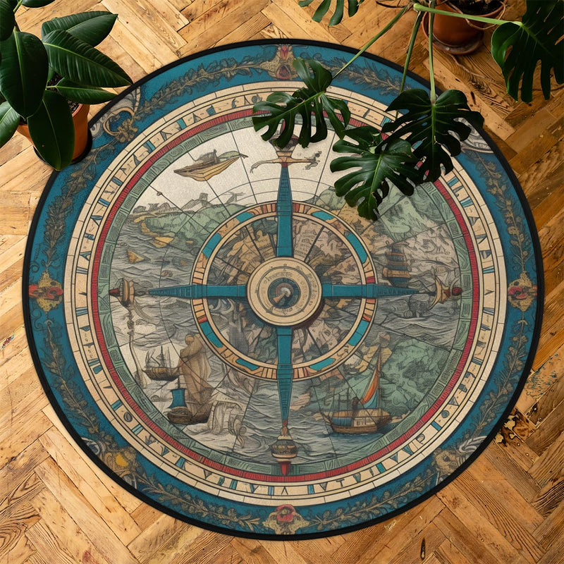 Round Area Rug 3 ft - Vintage Compass Washable Circle Rugs Non Slip Round Floor Mat - Soft Large Carpet for Living Room Nursery Bedroom Kitchen 3' (Round) - BeesActive Australia