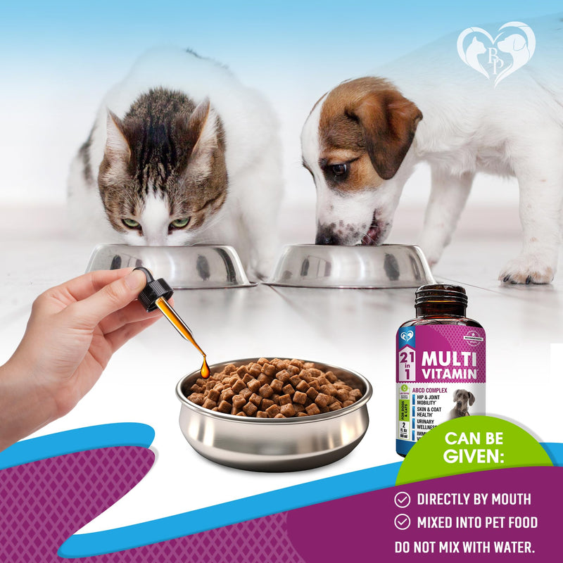 21-in-1 Multivitamin for Dogs and Cats – Liquid Drops with Glucosamine & Cranberry – Hip & Joint, Urinary Tract, Skin & Coat, Immune Support – All Breeds & Sizes – 60 mL