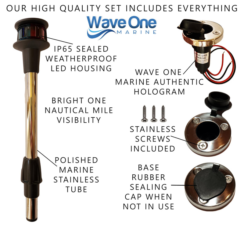 Wave One Marine 12" LED Bow Removable Bi-Color Navigation Light With Stainless Plug In Base | Boat 2 Pin Pole Pontoon Red Green Lights 1NM Visibility | 12 Volt DC | Night Nav Waterproof Inches - BeesActive Australia