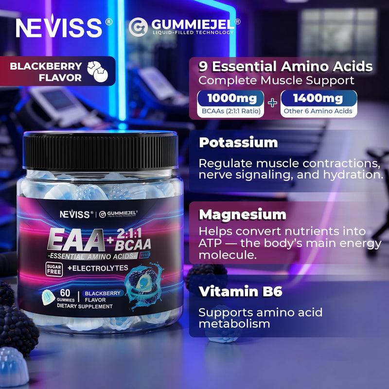 Essential Amino Acids Supplement for Women Men EAA BCAA Electrolyte Gummies | All 9 EAAs + BCAAs, Vegan, Branched-Chain Aminos Supplements Hydration Gummies Sugar Free, Raspberry Flavor, Non-GMO, 60ct 60 Count (Pack of 1)