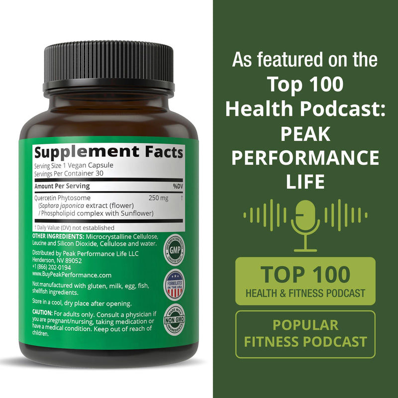 Peak Performance Ultra Pure Quercetin Phytosome Vegan Capsules Supplement | Rich Sophora Japonica Extract for Max Absorption Now. Quercetin 250mg Supplement Capsules. Made in USA