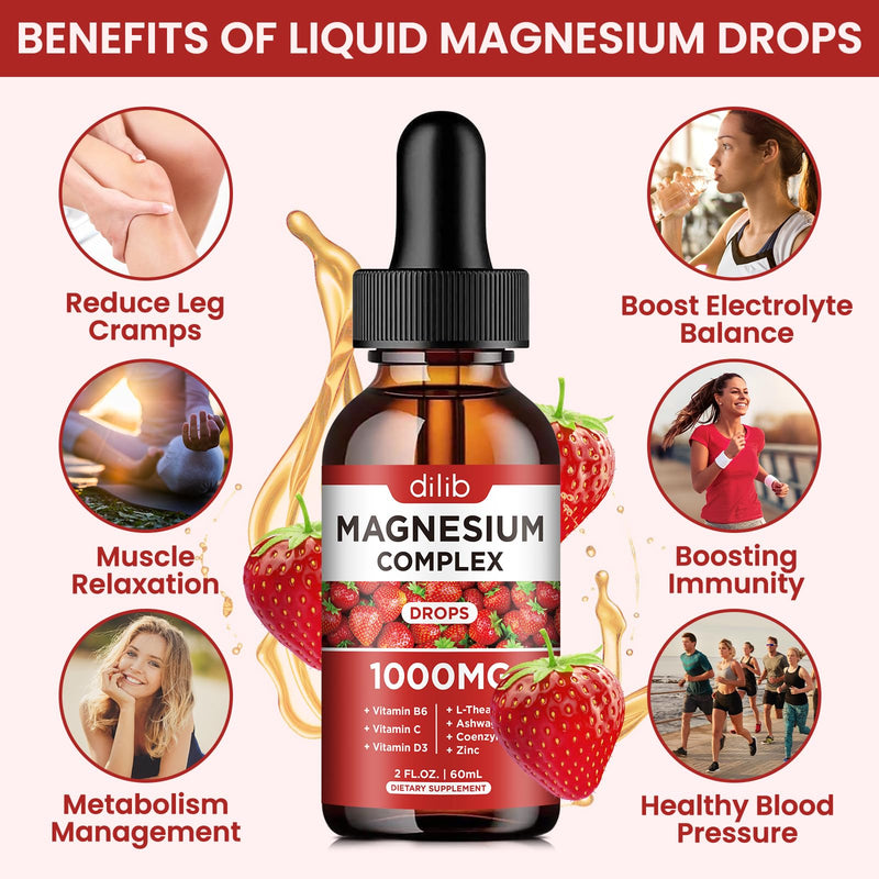 Triple Magnesium Complex Supplement, Magnesium Glycinate, Blend, Citrate Liquid Drops 1000mg with Ashwagandha, CoQ10, Vitamin B6, C, D, Zinc -Support Calm Stress Relief, Bone, Muscle, Mood Vegan Strawberry 2 Fl Oz (Pack of 1)