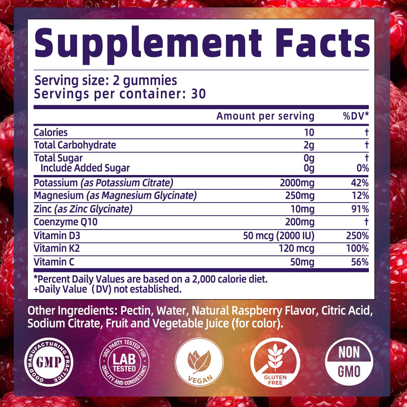 Potassium Citrate Gummies 2000mg, High Potency Electrolyte Gummies, 2 Pack | Potassium Supplement with Magnesium glycinate, Zinc, Vitamin C D3 K2, for Electrolyte Balance, Leg Cramps, Muscle Support 120 Count (Pack of 1)