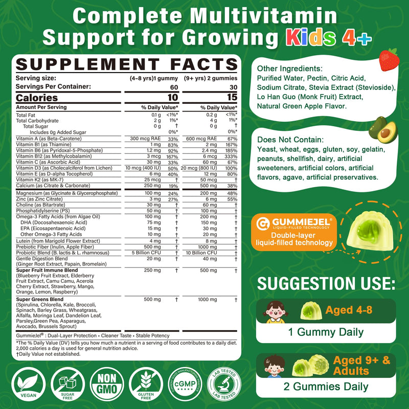 Kids Multivitamin Gummies, 20+ Fruit Veggies Super Greens Gummies for Kids | Superfood Daily Fiber Gummies for Picky Eater w/ Probiotics, Vitamins & Minerals for Growth, Gut, Immune -Sugar Free, 60Cts 60 Count (Pack of 1)