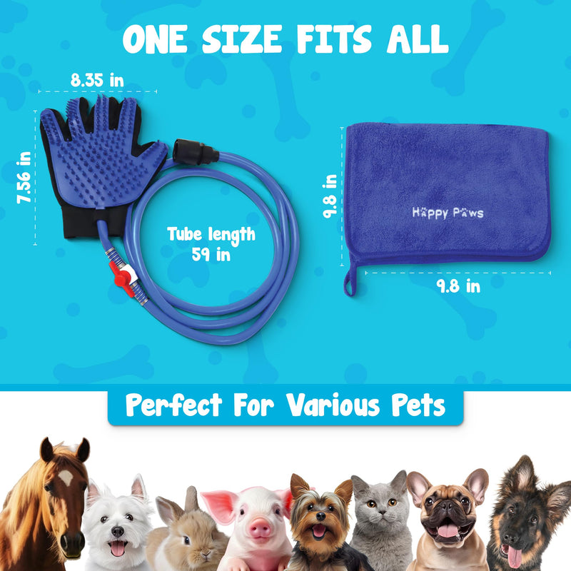 Dog Shower Attachment Glove | Pet Washing Brush Sprayer Bath Scrubber with Dog Towel | Outdoor and Indoor Bathing Hose Nozzle Grooming Mitt | Portable Wash Scrub Water Shower Spray | Blue - BeesActive Australia