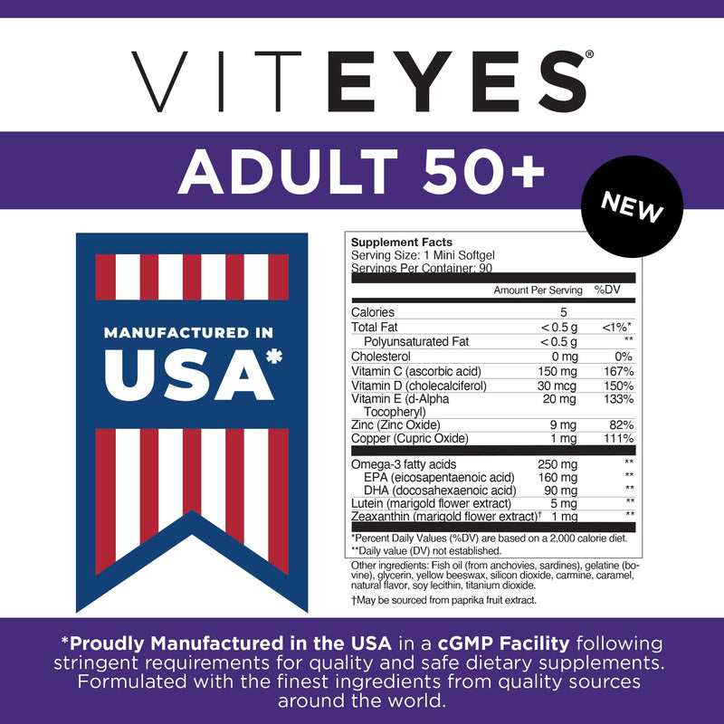 Viteyes Vision for Ages 50 Plus for Eye Health, Vision Support, Aging Eyes, Lutein, Zeaxanthin, Omega-3, Zinc, Vitamin C, Vitamins D, Vitamins E, Eye Doctor Trusted, Manufactured in The USA, 90 Ct