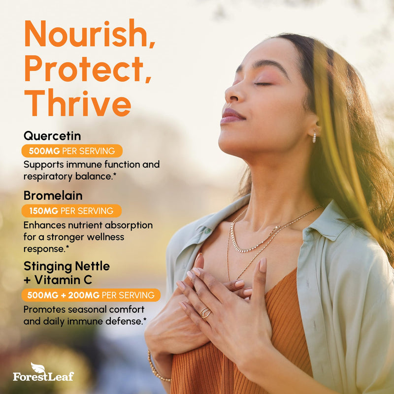 ForestLeaf Quercetin with Bromelain - 1350mg Blend with Vitamin C & Stinging Nettle, Advanced Quercetin 500mg Supplement, Non-GMO Gluten Free, Natural Immune & Respiratory Function 180 Veggie Capsules 90 Count (Pack of 2)