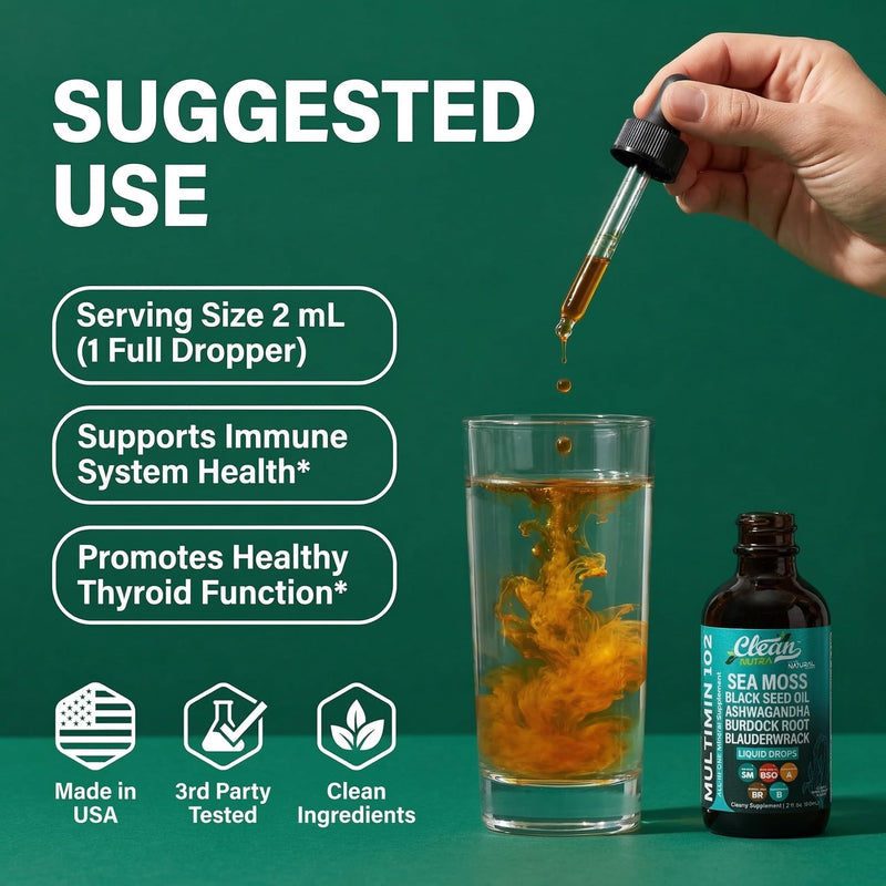 Clean Nutra Organic Sea Moss Drops Supplement | Black Seed Oil Irish Seamoss Ashwagandha Burdock Root & Bladderwrack - Multimineral Liquid Vegan for Gut Heath Energy Skin Immune Support & Hair 1