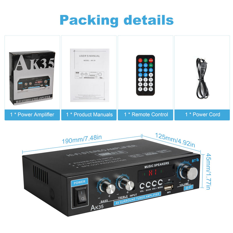 Stereo Amplifier AK35 Bluetooth 5.0 Max 200W 2.0 Channel Mini Amplifier Stereo Receivers for Car, Home Party, Audio Amplifier AMP w/USB/TF Card/AUX Input/Bass & Treble Control