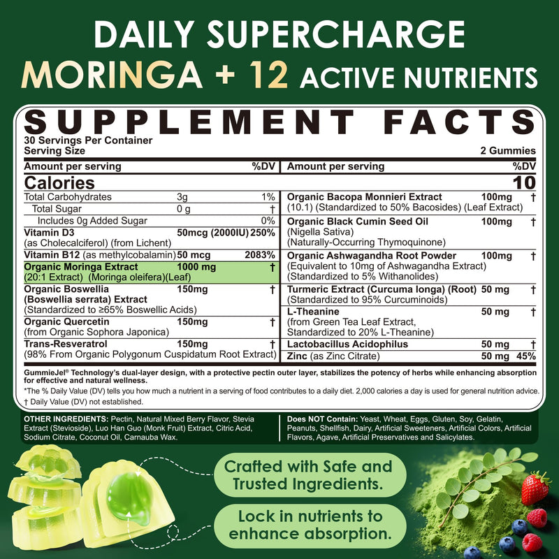 Moringa Gummies 1000mg for Women & Men Sugar-Free, 13-in-1 Superfood with Turmeric, Ashwagandha, Trans-Resveratrol, VB12 D3, Pure Moringa Leaf Supplement for Energy, Immune, Skin,Antioxidant, 2Pack 60 Count (Pack of 2)