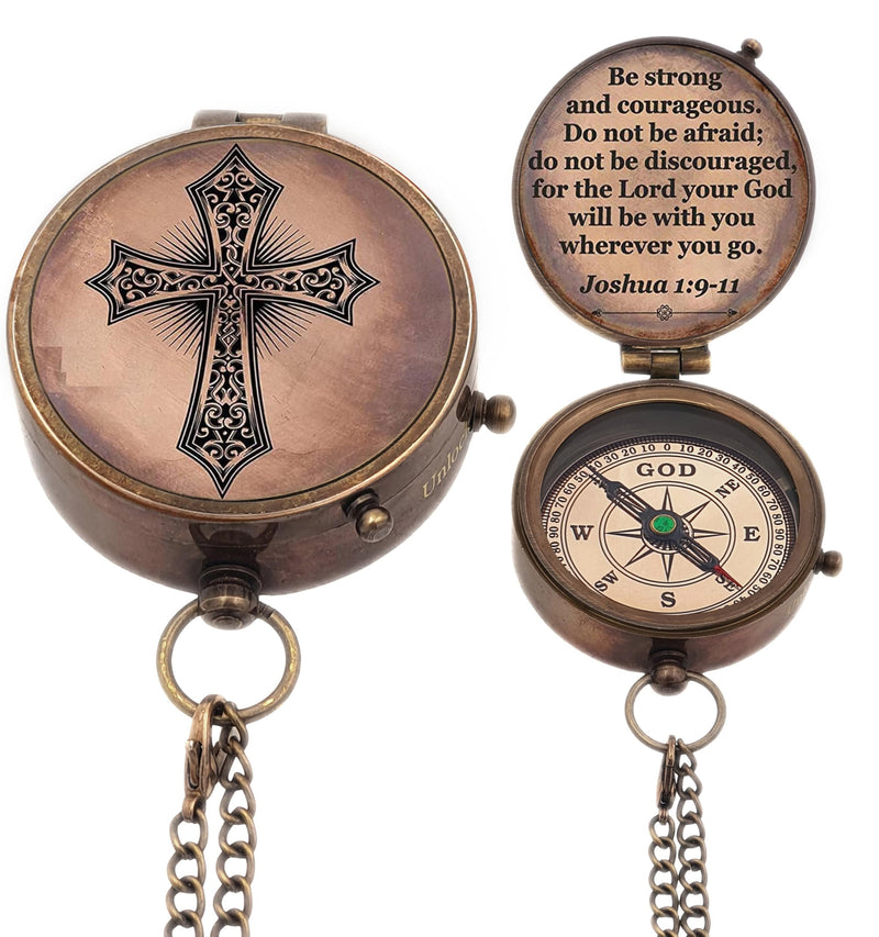 Baptism Gift Personalized Keepsake Compass Engraved Cross and Be Strong and Courageous, Confirmation Gift Ideas, Gift of Faith. Missionary Antique with Wooden Box - BeesActive Australia