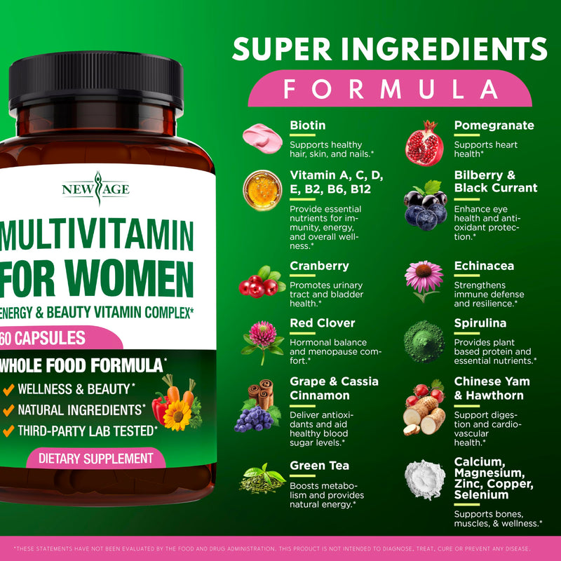 NEW AGE Multivitamin for Women - B-Complex, Whole Foods, Hair Support, Iron - All in1 Womens Multivitamin - Bioavailable & Gentle on Stomach - Made in USA - 60 Count 60 Count (Pack of 1)