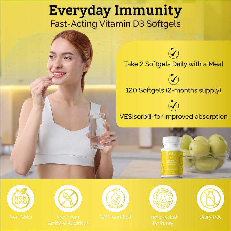Everyday Immunity 4000 iu Vitamin D3 Supplement - Fast Acting Immune Support Supplement for Bone/Cellular Health - Non GMO, Dietary Supplements - Utilizes Vesisorb® (120 softgels)