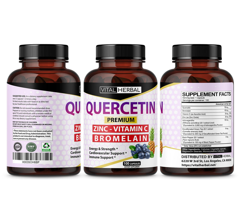 Ultra Quercetin High Purity 98% with Bromelain Capsules - Equivalent to 4085 mg Powder - Maximum Strength with Ashwagandha - Supports Overall Health Strength Energy (100 Counts) - BeesActive Australia