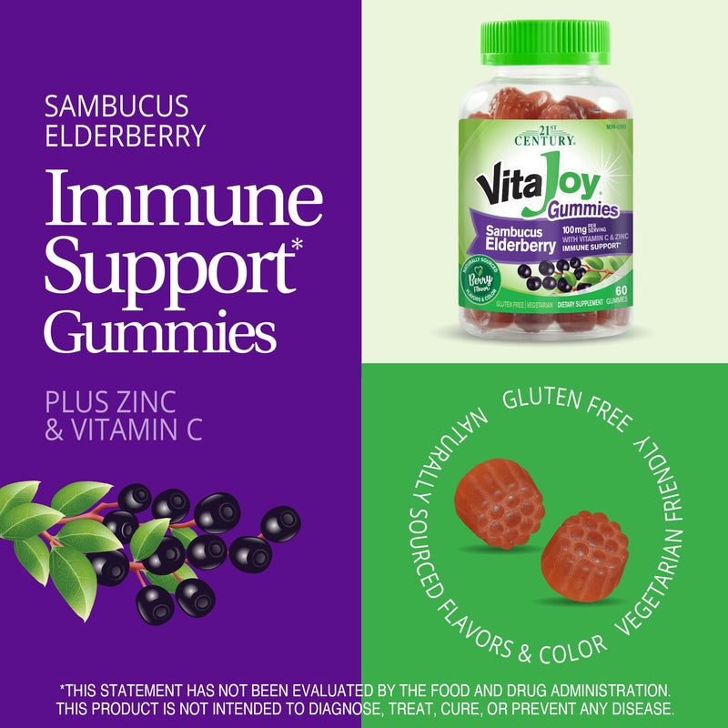 21st Century VitaJoy Sambucus Elderberry Gummies, Immune Support, 60ct | Sambucus Elderberry Gummies with Vitamin C & Zinc, Immune Support, Natural Berry Flavor, A Delicious Daily Immune Gummy