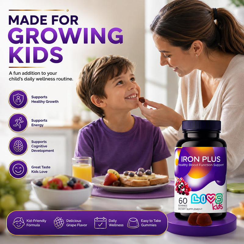 LIVS Iron Supplement for Kids with Vitamin C, A, B3, B5, B6, B12, Biotin, Zinc & Folate | Non-GMO, Gluten Free Chewable Supplement as Gummy for Energy Boost & Anemia Support - 60 Count Kids - Iron Plus 60 Count (Pack of 1)