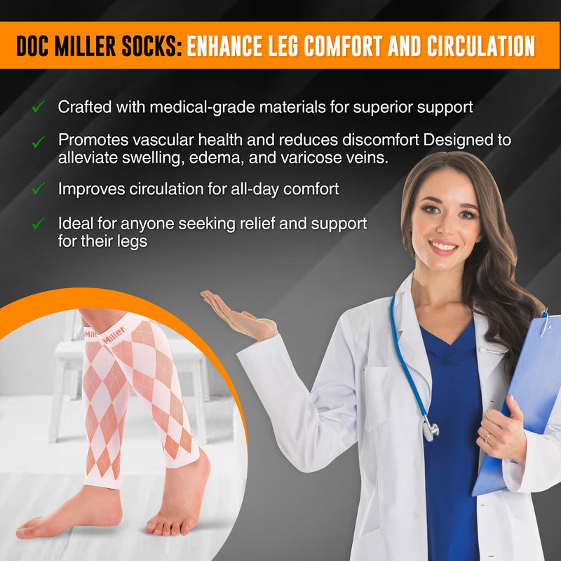 Doc Miller Calf Compression Sleeve for Women & Men, Footless 20-30mmHg Support for Shin Splints, Varicose Veins, Nurses, Running, Leg Pain Relief, Argyle Pattern, 1 Pair Medium Orange. White - BeesActive Australia