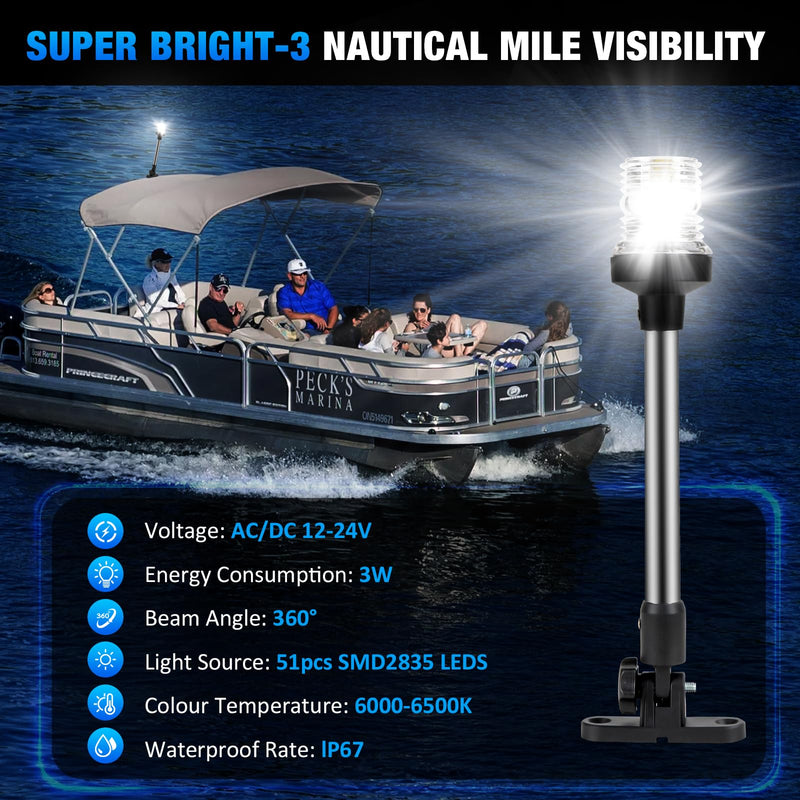18 Inch Stern Light Bimini Top Anchor Light, LED Pontoon Navigation Lights Waterproof IP67, 3 NM Visibility White Fold Down Rear Boat Lights for Jon Boat, Small Boats, Fishing Boats (12~24V) 18 Inches - BeesActive Australia