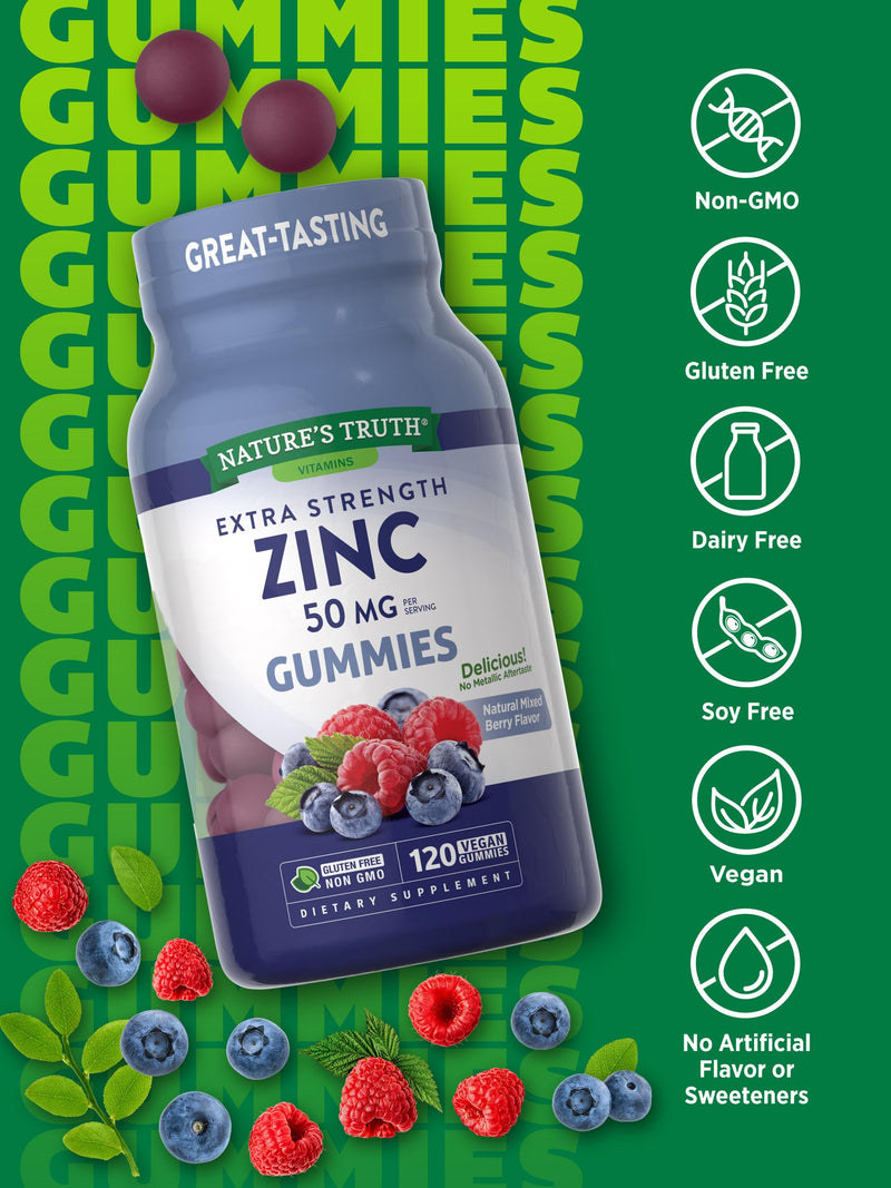 Zinc Gummies for Adults | 50mg | 120 count | Vegan, Non-GMO & Gluten Free Supplement | Mixed Berry Flavor | by Nature's Truth - BeesActive Australia