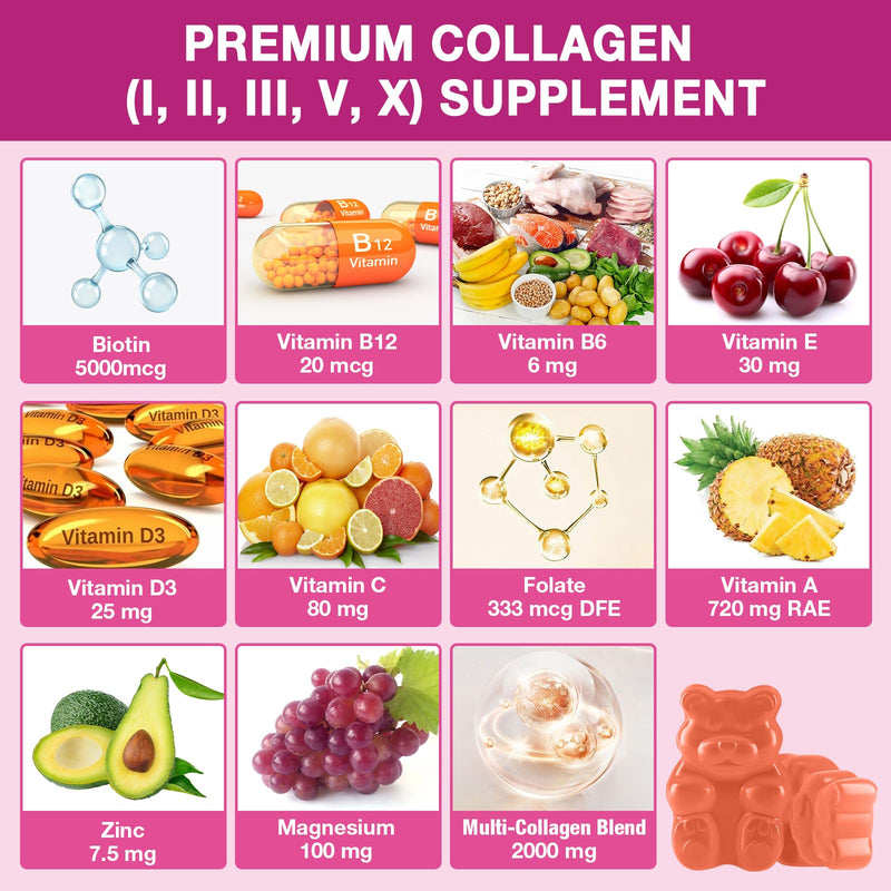 2-Pack Collagen Gummies for Women & Men - with Biotin, Vitamin C, & Zinc for Skin Radiance, Hair Growth, Strong Nails, & Joint Support, 120 Count 2pack