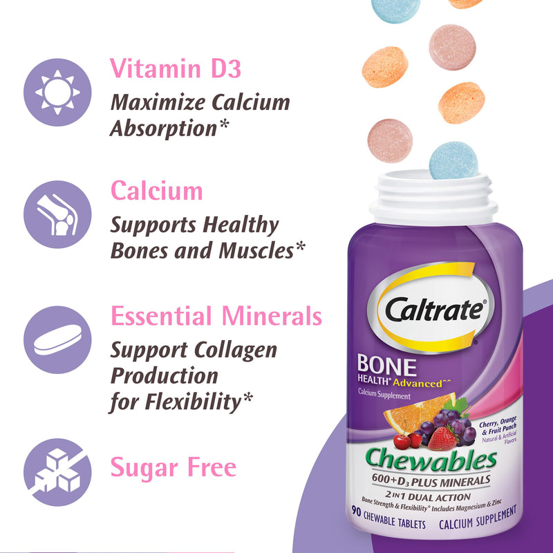 Caltrate Chewables 600 Plus D3 Vitamin D and Calcium Supplement, 155 count | Sugar Free, Highest Level of Vitamin D3, Maximizes Calcium Absorption to Support Strong Bones and Daily Function 155 Count (Pack of 1)