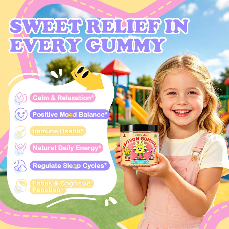 Saffron Gummies for Kids, Magnesium for Sleep Gummies, Calm Mood Gummies | with 100mg Saffron Extract, Magnesium Glycinate, Vitamin D, Omega-3, GABA, Ashwagandha, Sugar Free Vegan Chewable, 120 CT