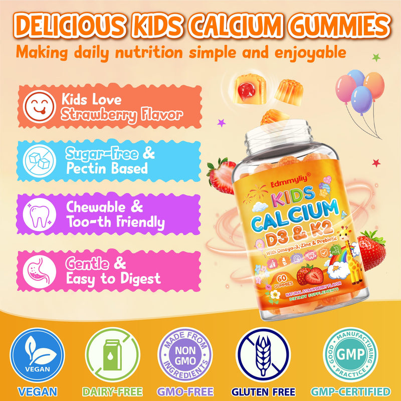 Kids Calcium Gummies with Vitamin D3 K2 - Calcium Citrate 800mg | with Magnesium, Zinc, Vitamin C, Omega-3, and Prebiotics for Kids - Sugar Free Gummies, Non-GMO, Vegan, 60 Ct Strawberry 60 Count (Pack of 1)
