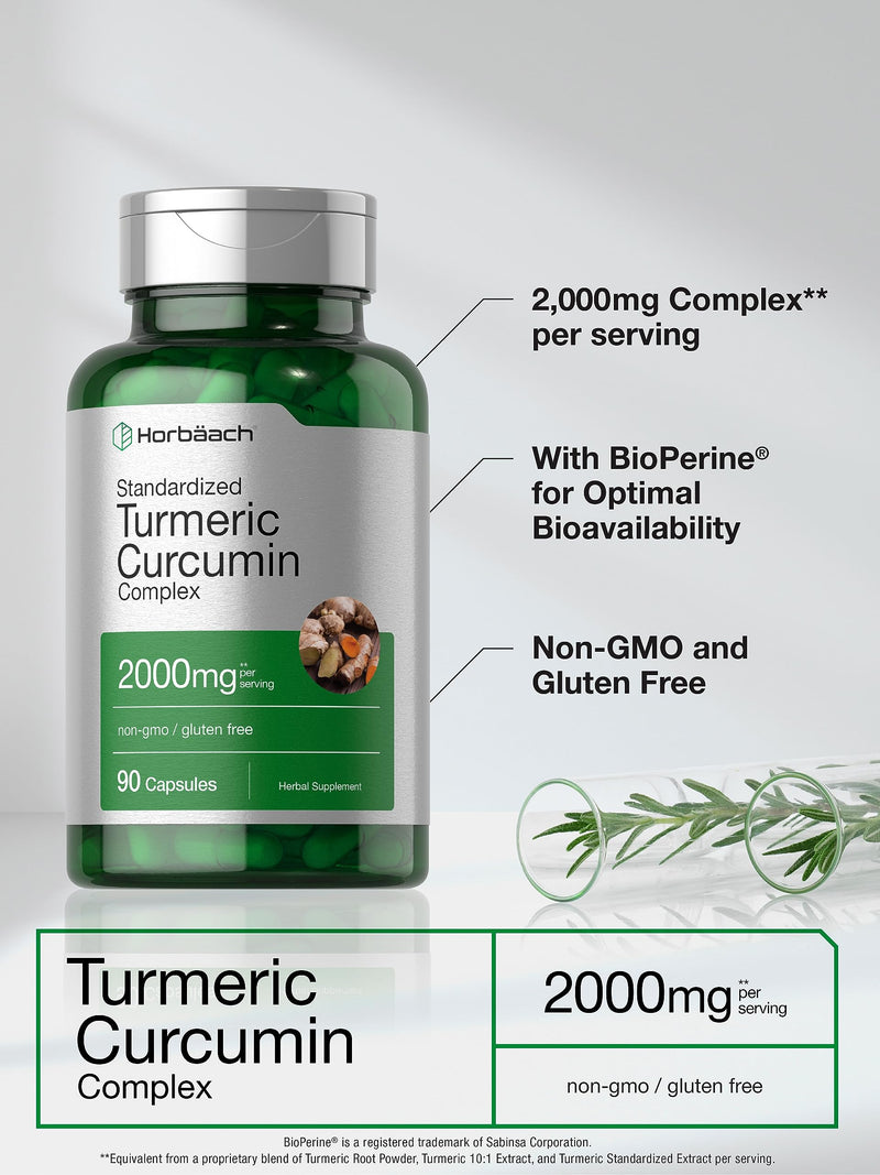 Horbäach Turmeric Curcumin with Black Pepper 2000mg | 90 Capsules | Complex Supplement with Bioperine | Non-GMO, Gluten Free - BeesActive Australia